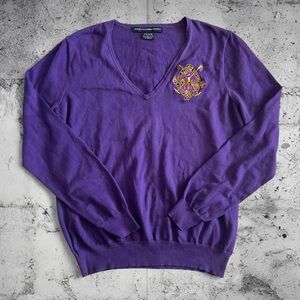 Ralph Lauren Sport Purple V-Neck Sweater with Embroidered Crest -Pima Cotton